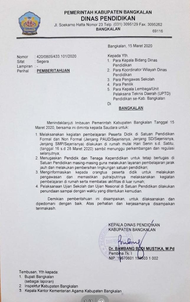 Disdik Bangkalan Keluarkan Surat Edaran Peserta Didik Belajar di Rumah