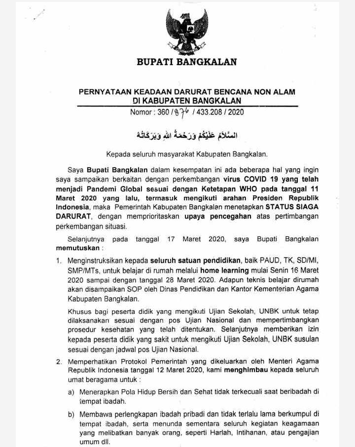 Bupati Nyatakan Bangkalan Siaga Darurat Corona