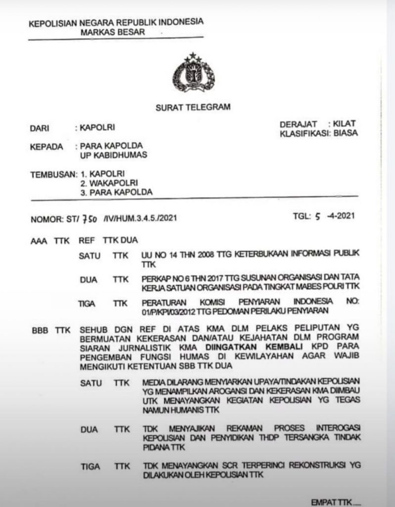 11 Poin Telegram Kapolri, Media Dilarang Menyiarkan Tindakan Polisi Arogan