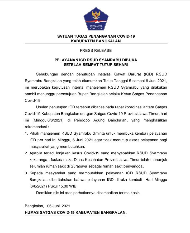 Gugus Tugas Tegaskan IGD RSUD Bangkakan Kembali Dibuka Pasca Ditutup Satu Hari
